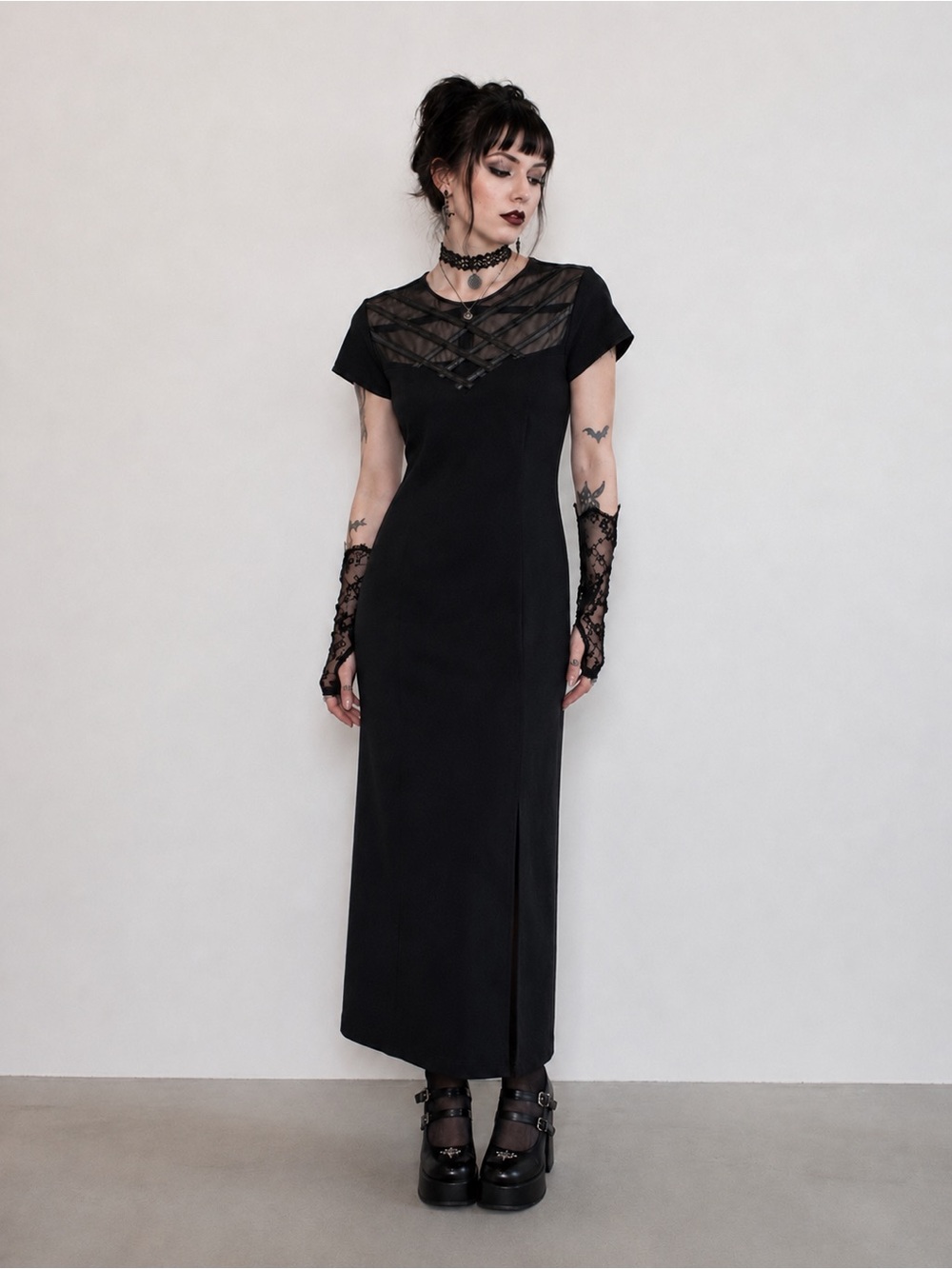 Vintage Mark Edwards Black Sheath Dress sheer neckline whimsigoth evening